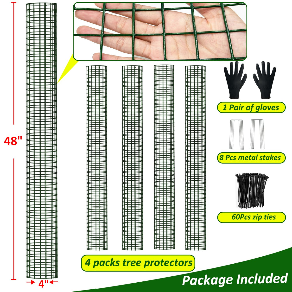 chicarry 48" Metal Tree Trunk Protector, 4 Pack Mesh Tree Guards Tree Protectors with Zip Ties, Stakes, ExpandableTree Trunk Protector Guard, Tree Protectors from Deer, Mower, Animals(48",4 Pack)