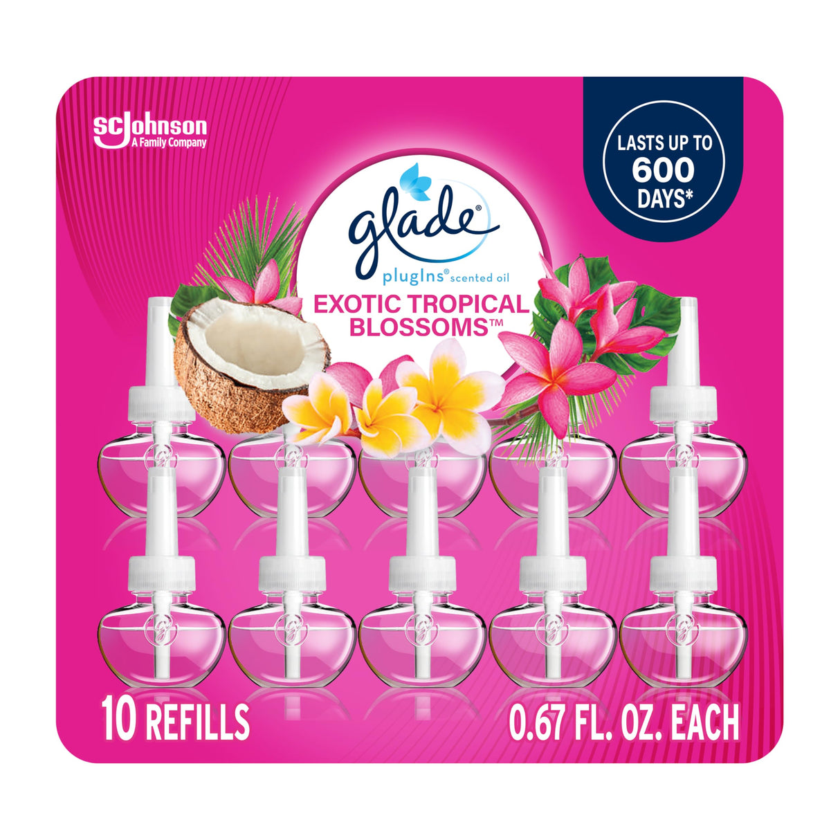 Glade PlugIns Scented Oil 10 Refills, Air Freshener, Exotic Tropical Blossoms, 10 x 0.67 oz, Packaging May Vary