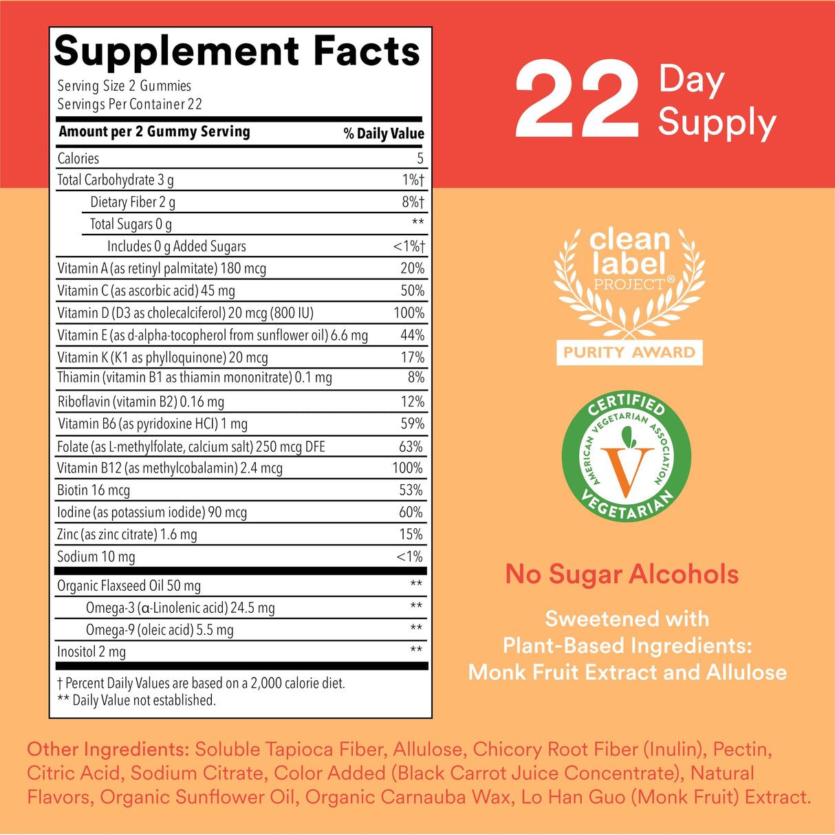 SmartyPants Kids Multivitamin Gummies, Sugar Free: Omega 3 (ALA), Vitamin D3, C, Vitamin B12, B6, A, K & Zinc for Immune Support, Biotin, Erythritol Free, Strawberry Banana, 44 Count (22 Day Supply)