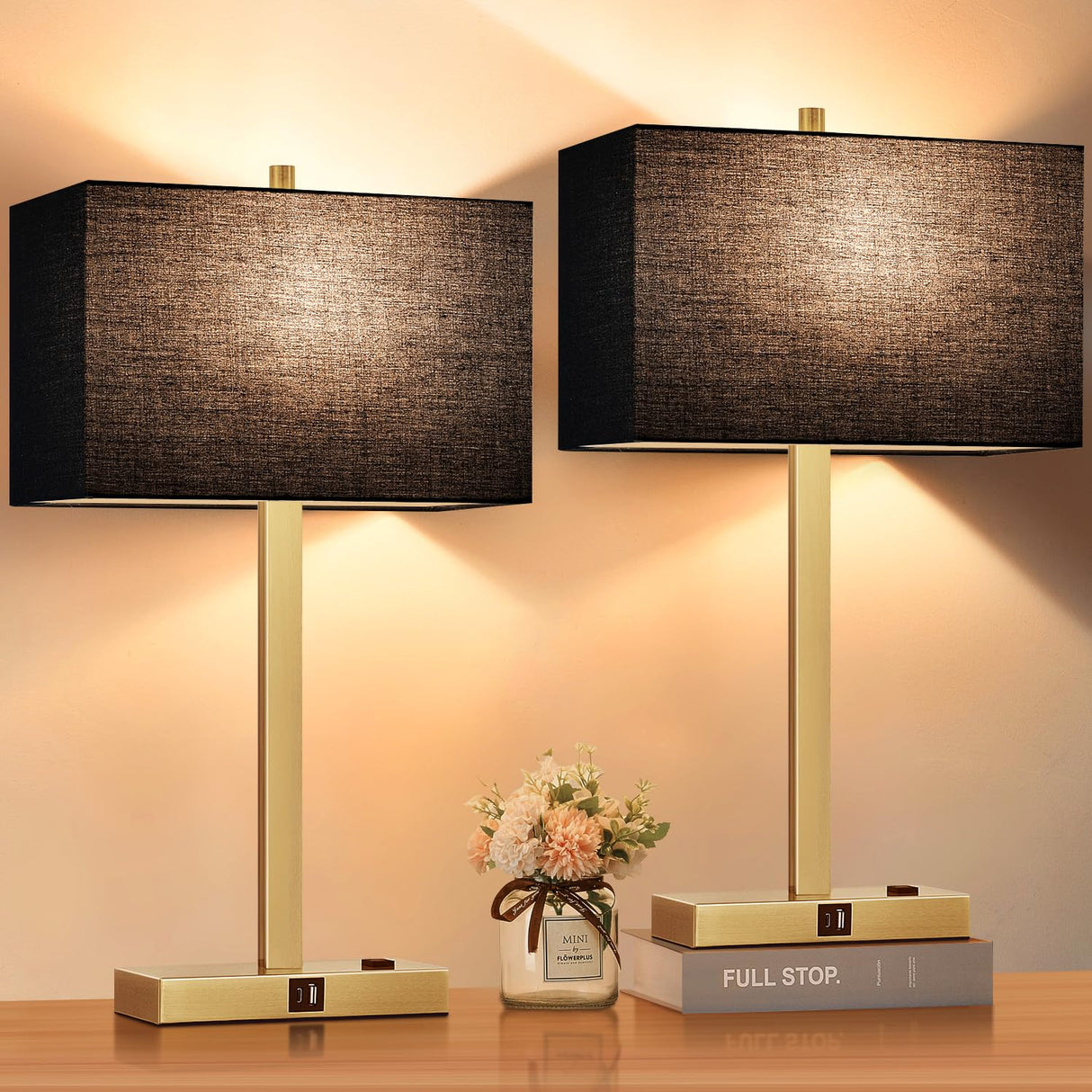 Lynnoland 21" Set of 2 Table lamp with USB A+C & AC Outlets, Touch Control 3-Way Dimmable Nightstand Lamps for Bedroom Living Room Office Reading, Gray Shade Touch Lamps, 5000K LED Bulbs Included