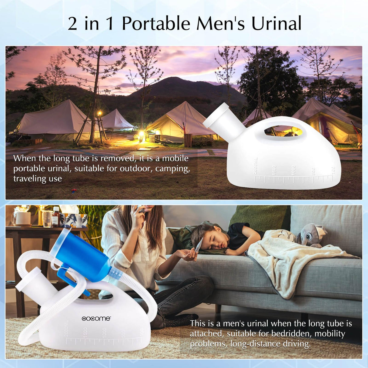 Portable Urinals for Men, OOCOME Men Urinal Bottle Spill Proof Reusable Male Pee Bottle Camping Toilet Thicken Men's Potty 2000 ml 47.2" Long Tube with Lid