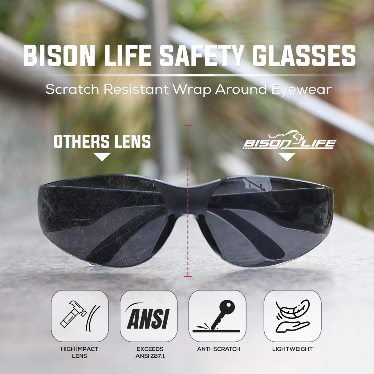 BISON LIFE BLack Safety Glasses - 12 Pairs of Scratch Resistant Eyewear, Polycarbonate Impact Resistant Lens