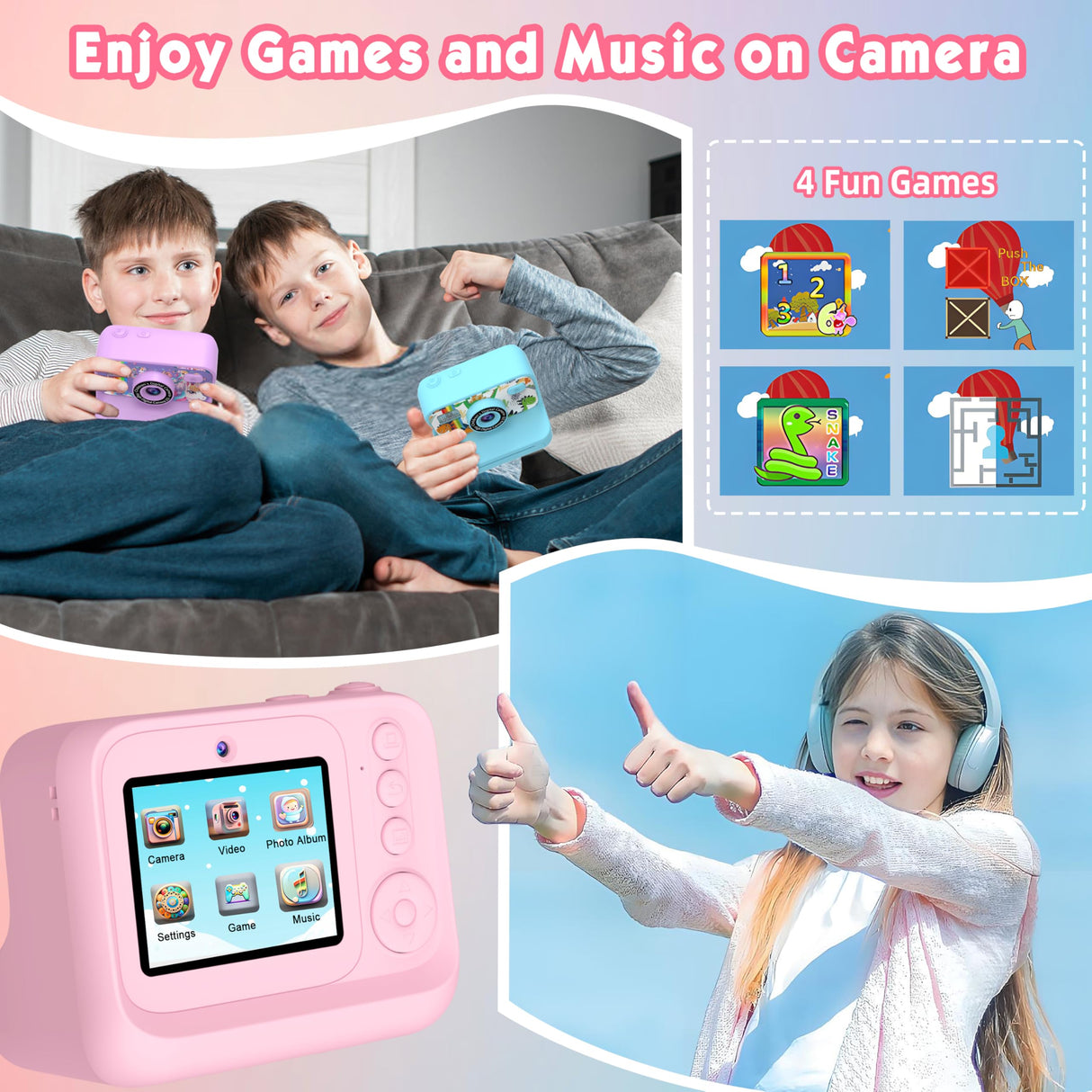 Kids Camera, Upgrade Kids Camera Instant Print, Front Rear Dual Selfie Digital CAM with 1080P Videos, Portable Travel Toy with Games and Music, Christmas Birthday Gift for Boys, Girls and Teens