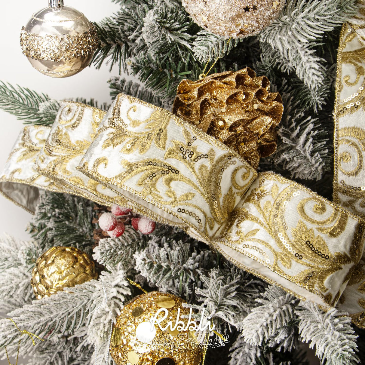 Ribbli Ivory Luxe Velvet Wired Ribbon with Embroidery Design 2.5 Inch Christmas Ribbon for Gift Wrapping Christmas Tree Decoration Crafts Wreaths Supplies-Continuous 5 Yards