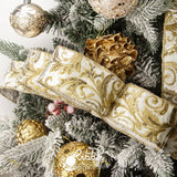 Ribbli Ivory Luxe Velvet Wired Ribbon with Embroidery Design 2.5 Inch Christmas Ribbon for Gift Wrapping Christmas Tree Decoration Crafts Wreaths Supplies-Continuous 5 Yards