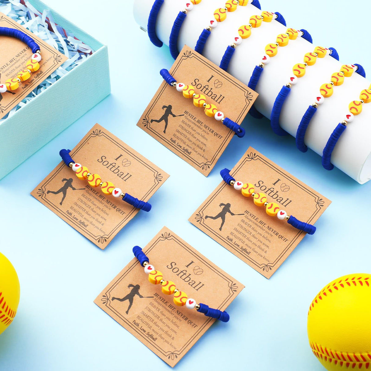 Ecation 20 Set Softball Bracelets Team Gift Bulk Softball Senior Night Adjustable Bead Ball Charm Bracelet with Inspirational Card for Sport Team Sport Lovers Player Gifts Birthday Party(Blue)