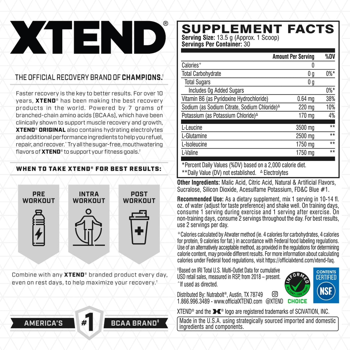 Xtend XTEND Original BCAA Powder 7g BCAA and 2.5g L-Glutamine, Sugar Free Post Workout Muscle Recovery Drink with Amino Acids for Men & Women, 30 Servings