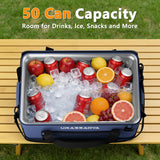 [2026 Updated] 50 Can Collapsible Soft Cooler Bag with Hard PP Lid, Leakproof Insulated Ice Chest with Quick-Access Top Hatch, Bottle Opener & Mini Table for Beach, Camping, Travel (Navy Blue)