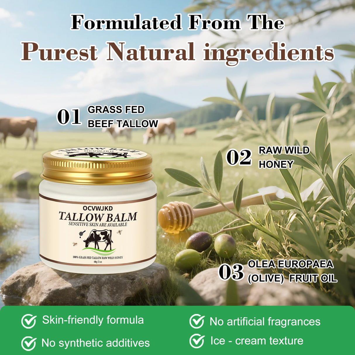 OCVWJKD Beef Tallow & Honey Balm, Beef Tallow for Skin, All-Natural Moisturizer Hydrates and Nourishes the Skin, Grass-Fed Beef Tallow & Raw Wild Honey Blend, Body & Face Moisturizer (6 Oz)