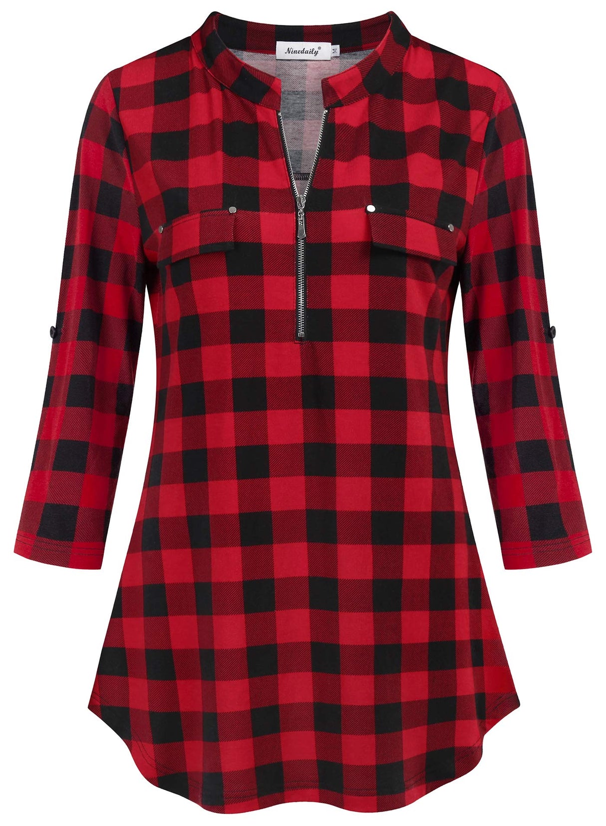 Ninedaily Plaid Shirts for Women,2025 Christmas Red and Black Plaid Ladies Tops Dressy 3/4 Sleeve Winter Holiday Casual Home New Years Eve Party Thanksgiving Outfits Loose Fitting Gifts Clothing, XXL