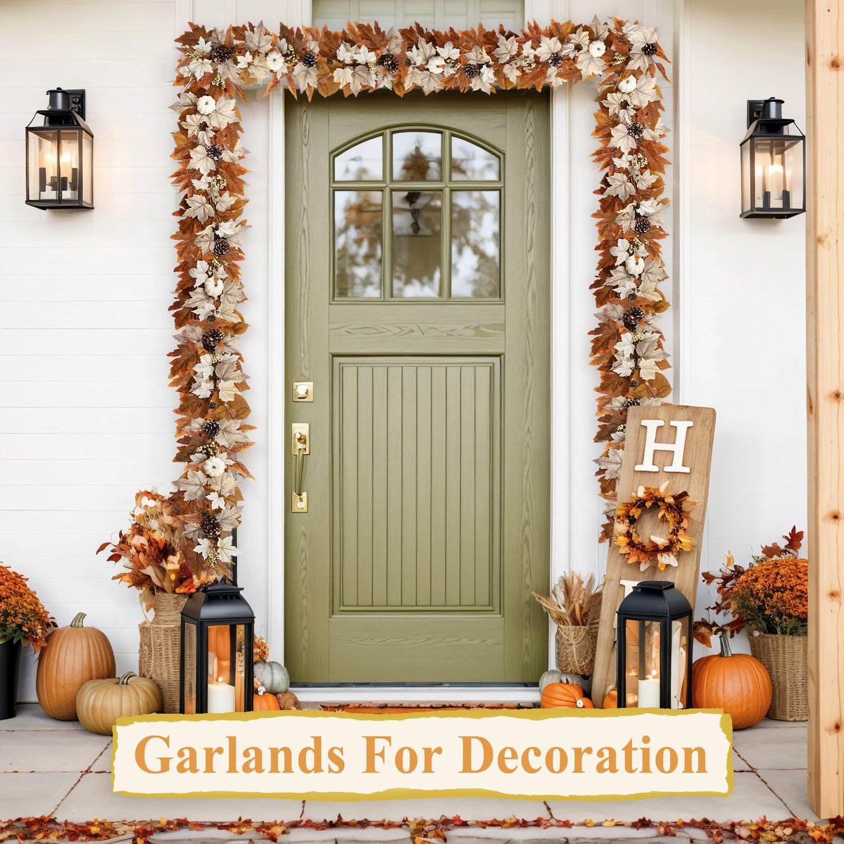 6 FT Fall Garland with Lights Automatic ON/Off Fall Leaves Mantle Garland with Pumpkins Berries Pinecones Outdoor Thanksgiving Christmas Autumn Centerpiece Decorations for Home Door Fireplace Porch