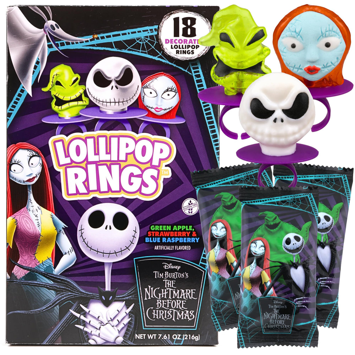 The Nightmare Before Christmas Lollipop Rings, Individually Wrapped Decorated Suckers, Halloween 2025 Candy, 18 Count