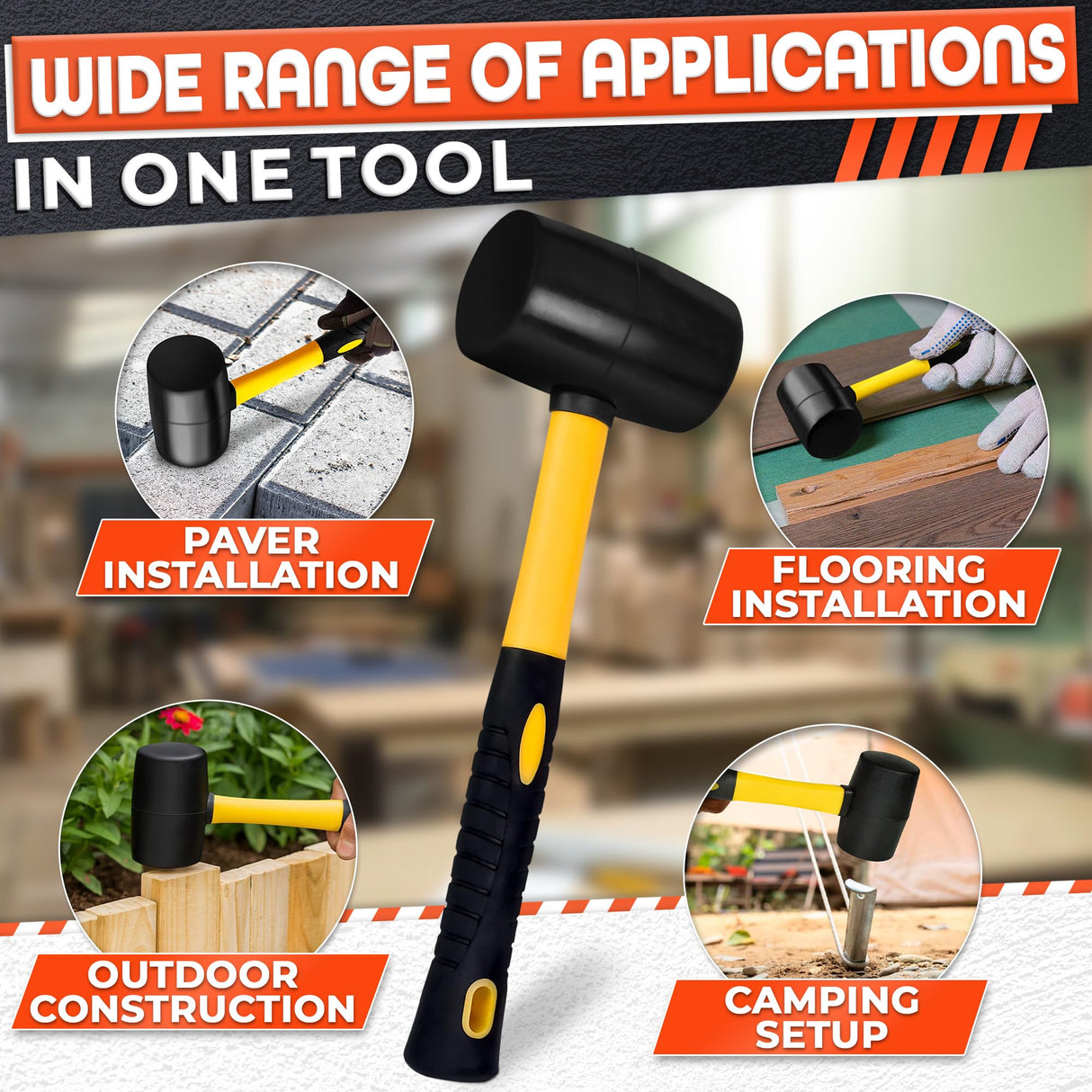 24 Oz Rubber Mallet Hammer for Woodworking, Flooring, Tiling, Camping and More - Rubber Hammer with Non-Slip Grip, Durable Ergonomic Handle and Anti-Vibrating Design for Furniture Assembly and Repairs