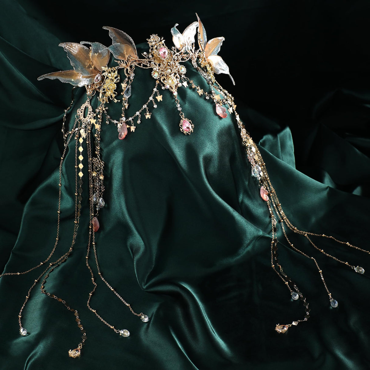 FRESHME Renaissance Butterfly Elf Fairy Crown - Fairy Headband with Pink Butterfly Wings Elf Headpiece with Tassel Elven Tiara Wedding Renfaire Dress Up Cosplay Christmas Accessories for Women