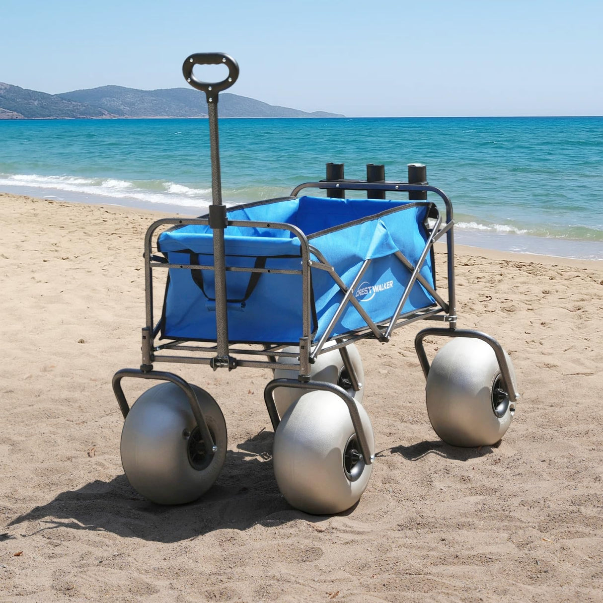 CRESTWALKER 13'' Balloon Wheel Fishing Cart with Rod Holders, Beach Wagon with Big Wheels for Sand, Folds Thin with Quick-Release Forks, Heavy Duty 300 lbs Capacity