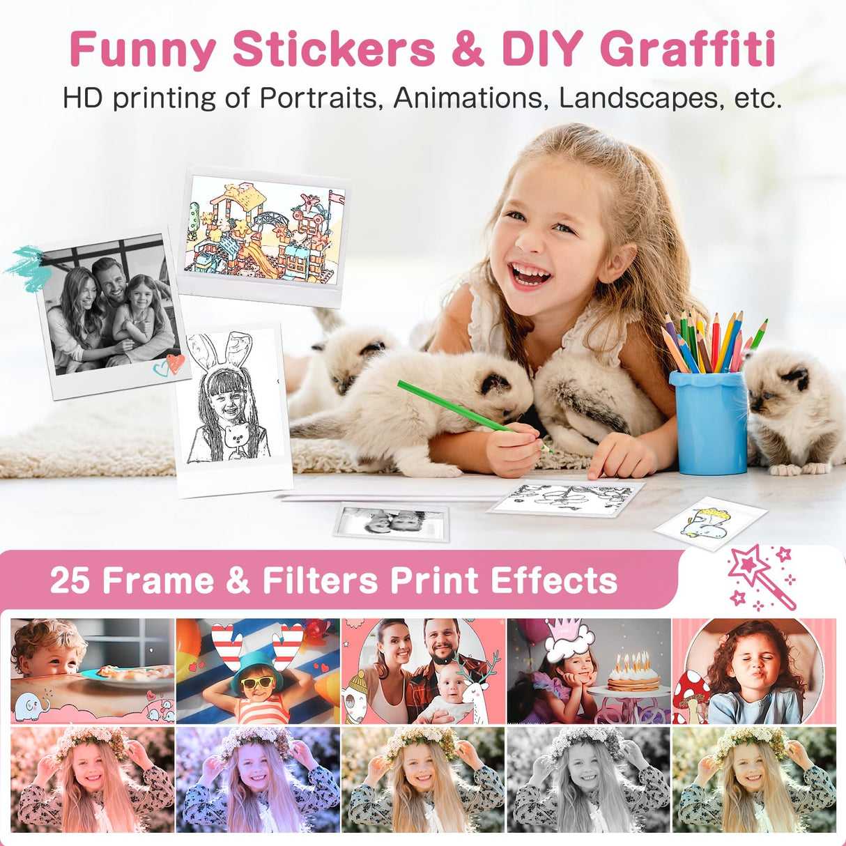 Kids Camera Instant Print, Dual-Lens 48MP Digital Camera for Christmas Birthday Gifts, 1080P Selfie Instant Cameras for Kids with 32GB Card, Instant Print Digital Camera for Girls Boys-Pink