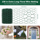 ROADPLUM 4 × 236 in Floral Wire Netting, Green Chicken Wire for Floral Arrangements, Galvanized Coated Chicken Mesh Netting with Plier & Plant Ties for Floral Supplies | Garden Fencing | DIY Craft