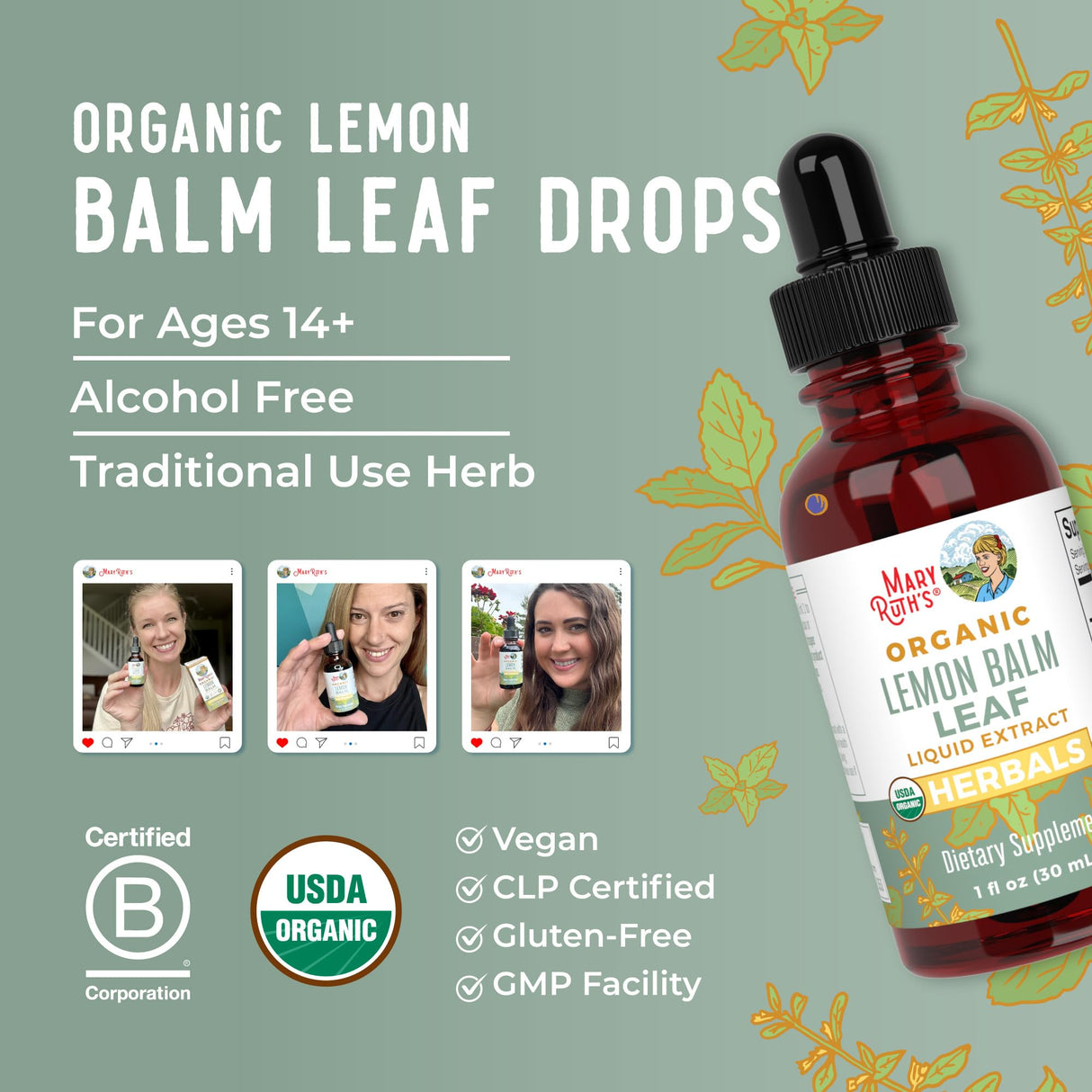 MaryRuth Organics Lemon Balm Leaf Liquid Extract | Mood Support | Relaxation | Calming | Nervine Herbal | Lemon Balm Tincture | USDA Organic | Vegan | Non-GMO | Gluten Free | 1 Fl Oz