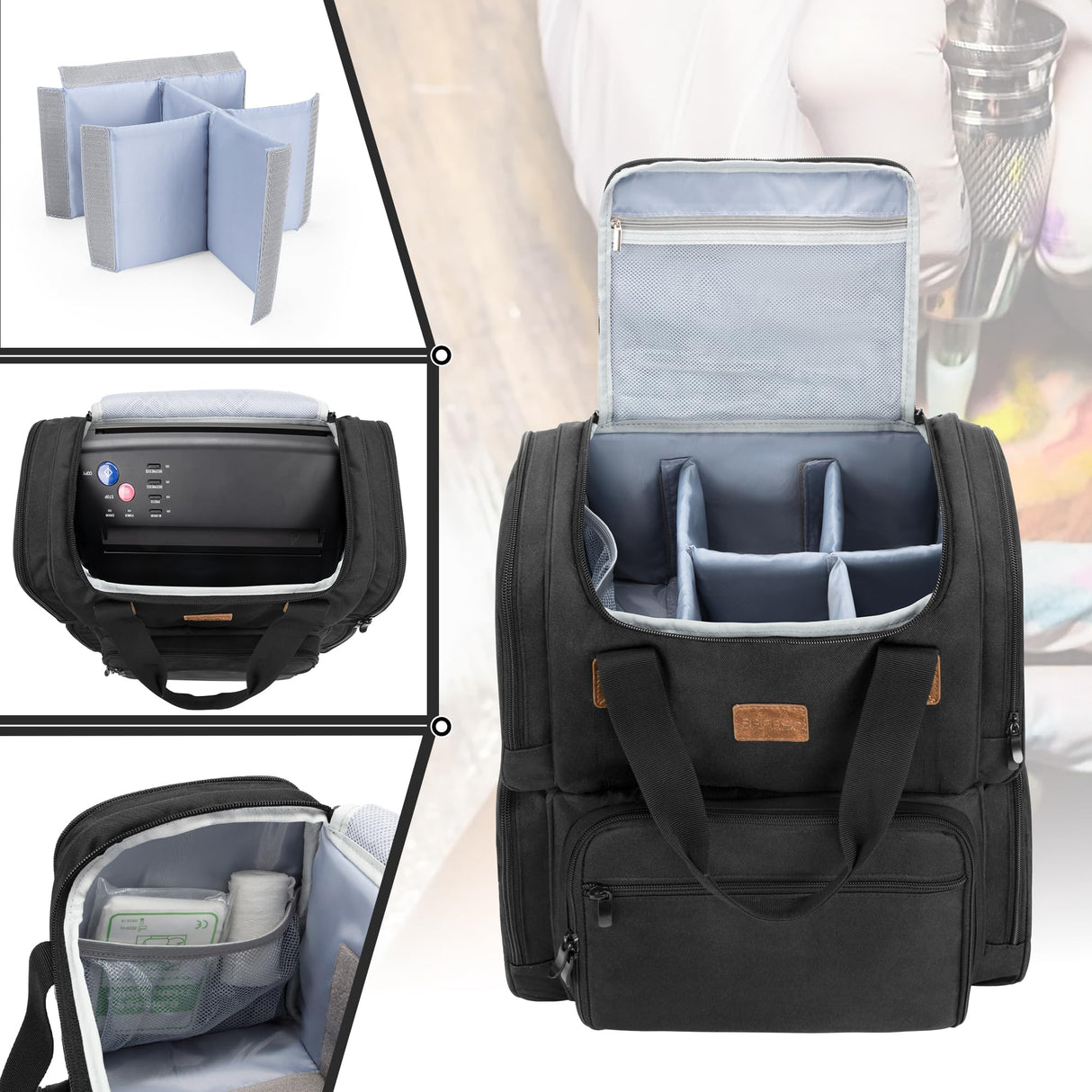 BAFASO Tattoo Backpack with 3 Inner Removable Pouches, Tattoo Case Holds Tattoo Stencil Printer and Tattoo Supplies (Bag Only), Black