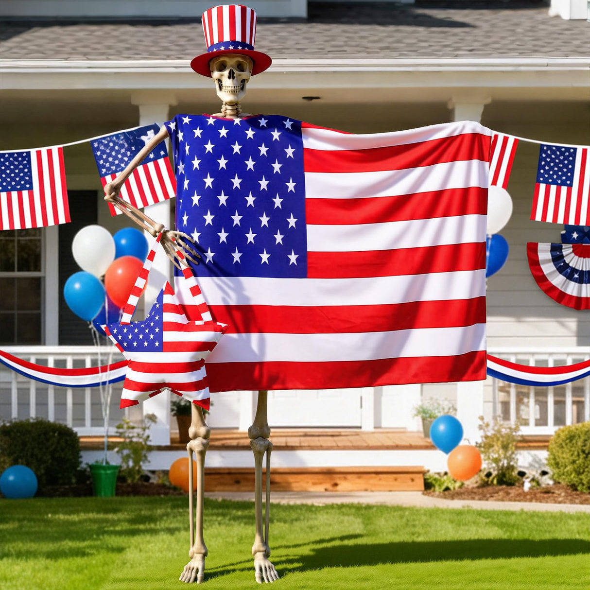 Chicingyou 12 ft Skeleton Clothes Accessories Including Hat and Cloth with Basket for 12 ft Skeleton Outfit Dress (3 Pcs,American Flag)