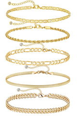 DEARMAY 14K Gold Plated Anklets Waterproof Ankle Bracelets for Women Cuban Link Anklet Bracelets Cute Figaro Paperclip Rope Herringbone Set Jewelry