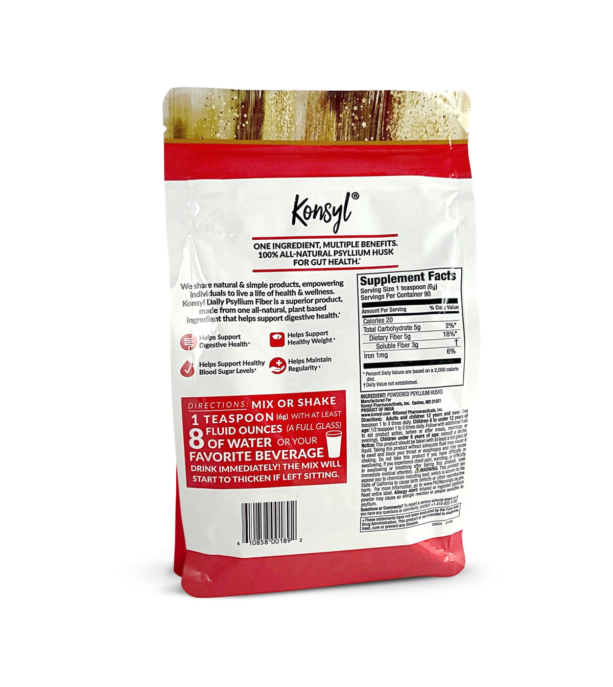 Konsyl Daily Psyllium Fiber Powder - 19oz, 90 Servings, Natural Unflavored Soluble Dietary Fiber Supplement - Psyllium Husk Prebiotic for Digestive Support and Gut Health - Sugar Free, Keto & Vegan
