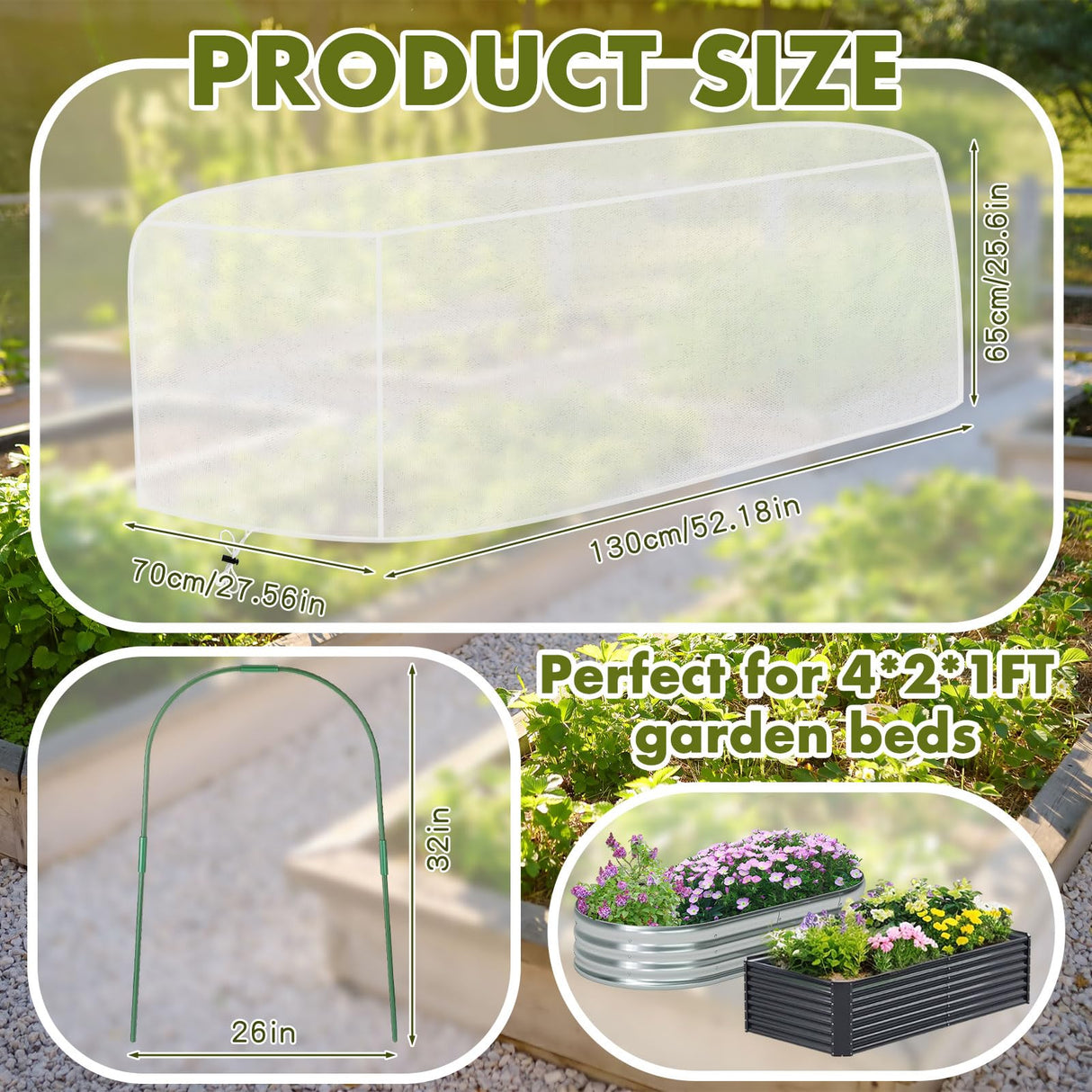 Woanger 2 Pack Garden Netting for Raised Beds Rectangular Pest Barrier with Hoops for Garden Protection Plant Mesh Netting with Drawstring Plants Vegetables Fruits Flowers(for 4x2x1 ft)