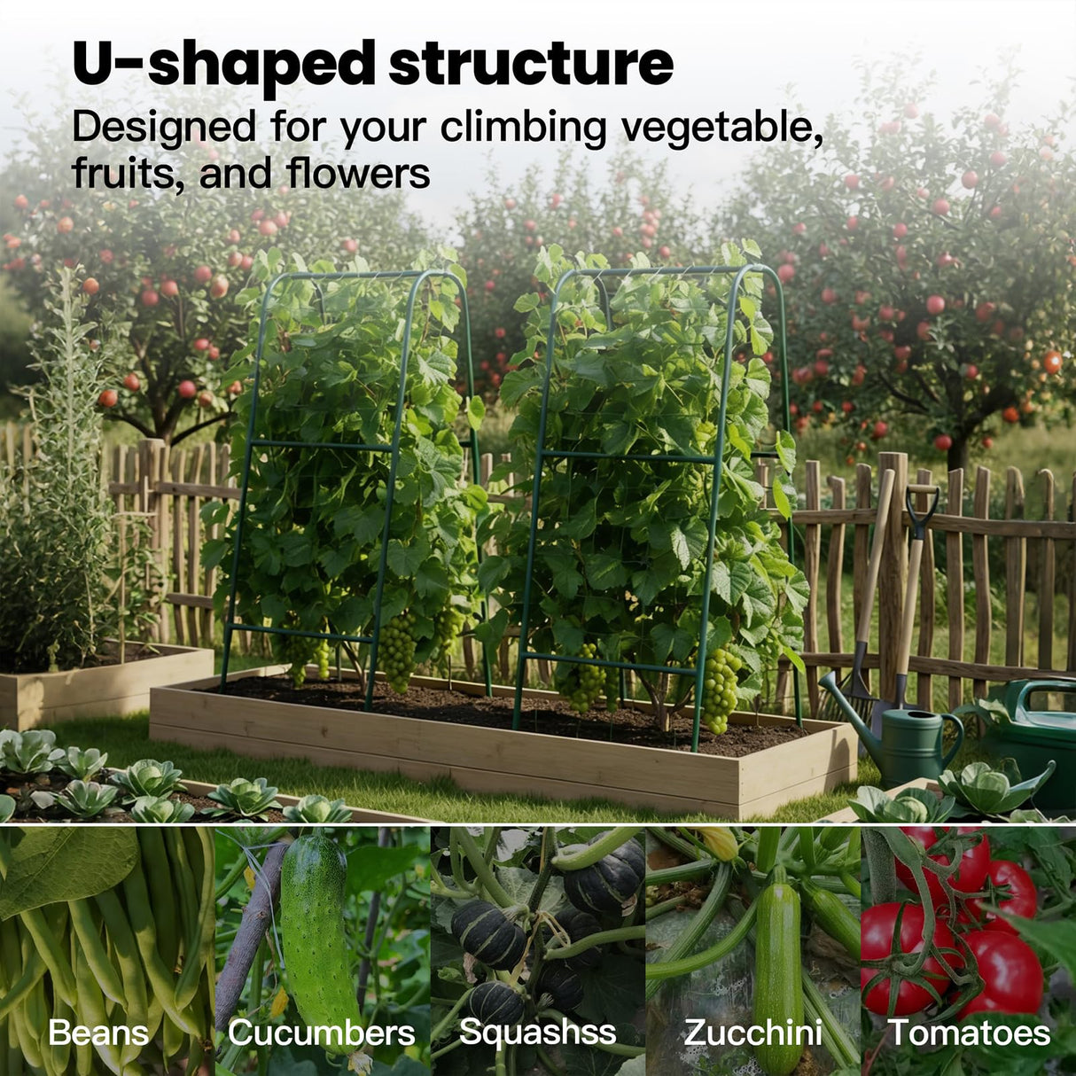Cucumber Trellis for Raised Bed, Garden Trellis for Climbing Plants Outdoor, Metal Arch Trellis U-Shape Vegetables Support for Tomotoes Grape Vines Beans Peas (Green, 15.7" L x 24" W x 48" H)