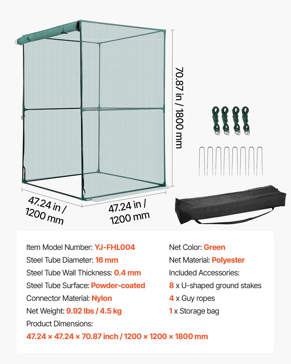 VEVOR Crop Cage, 3.9 x 3.9 x 5.9 ft Plant Protection Tent with Zippered Door, Wind-Resistant Tall Crop Cage, Easy to Install, Outdoor Raised Bed Cover, Tomato Plant Netting for Garden Patio Lawn