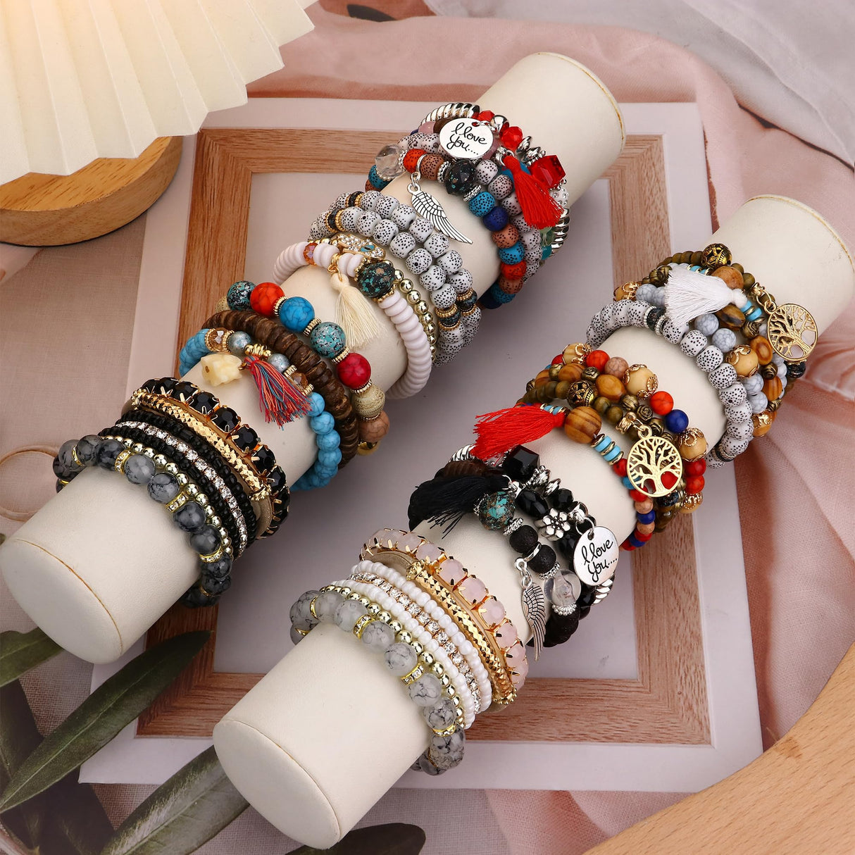 8 Sets Bohemian Stackable Bead Bracelets for Women Stretch Multilayered