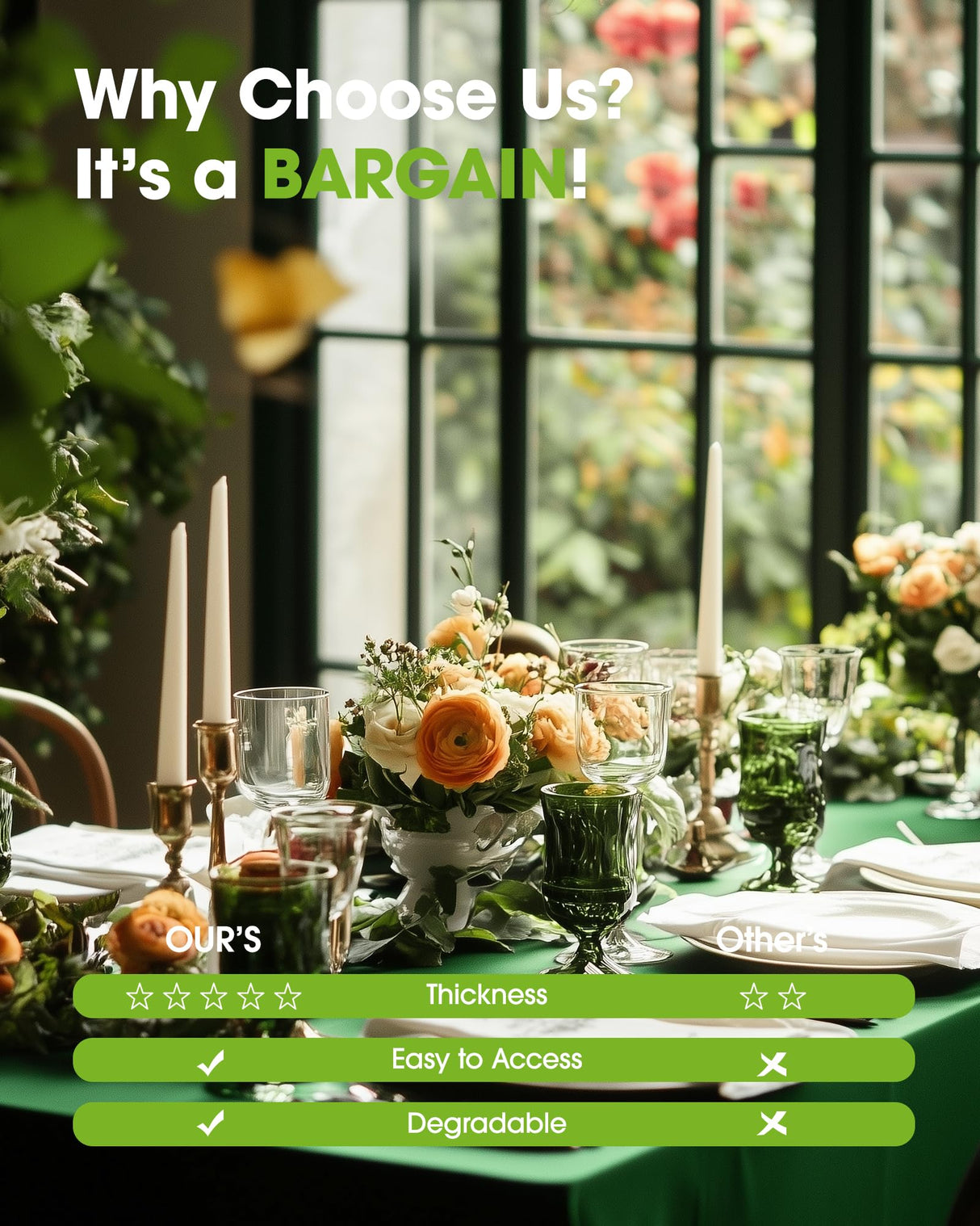 Pureegg Plastic Table Cloth Disposable 20 Pack, 54 x 108 Inch Table Cloths, St Patricks Day, Christmas Decorations, Tablecloths, Rectangle, Forest, Emerald, Plastic Cover, Leakproof & Sturdy, Green