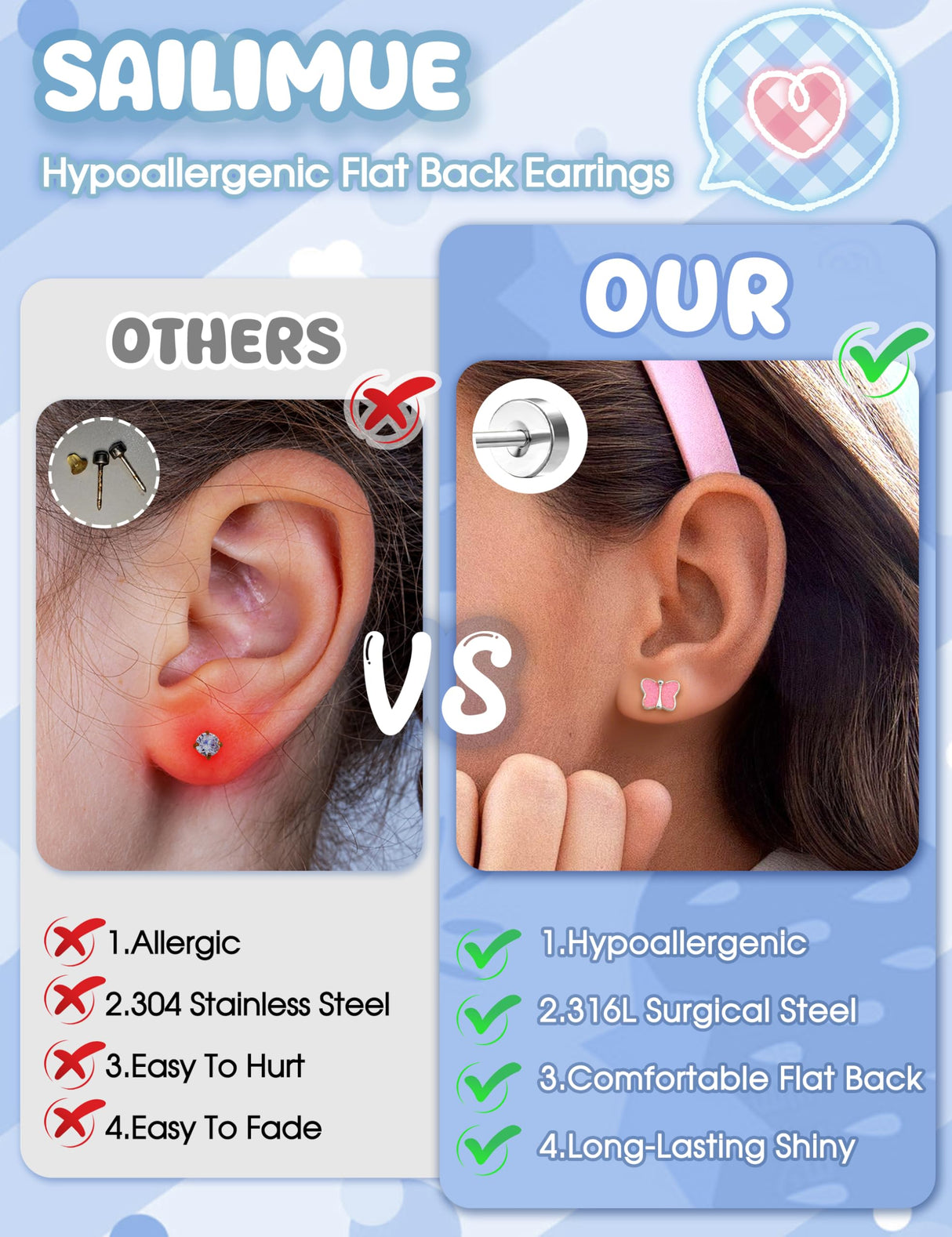 SAILIMUE Hypoallergenic Flat Back Earrings for Girls Kids Toddler Women