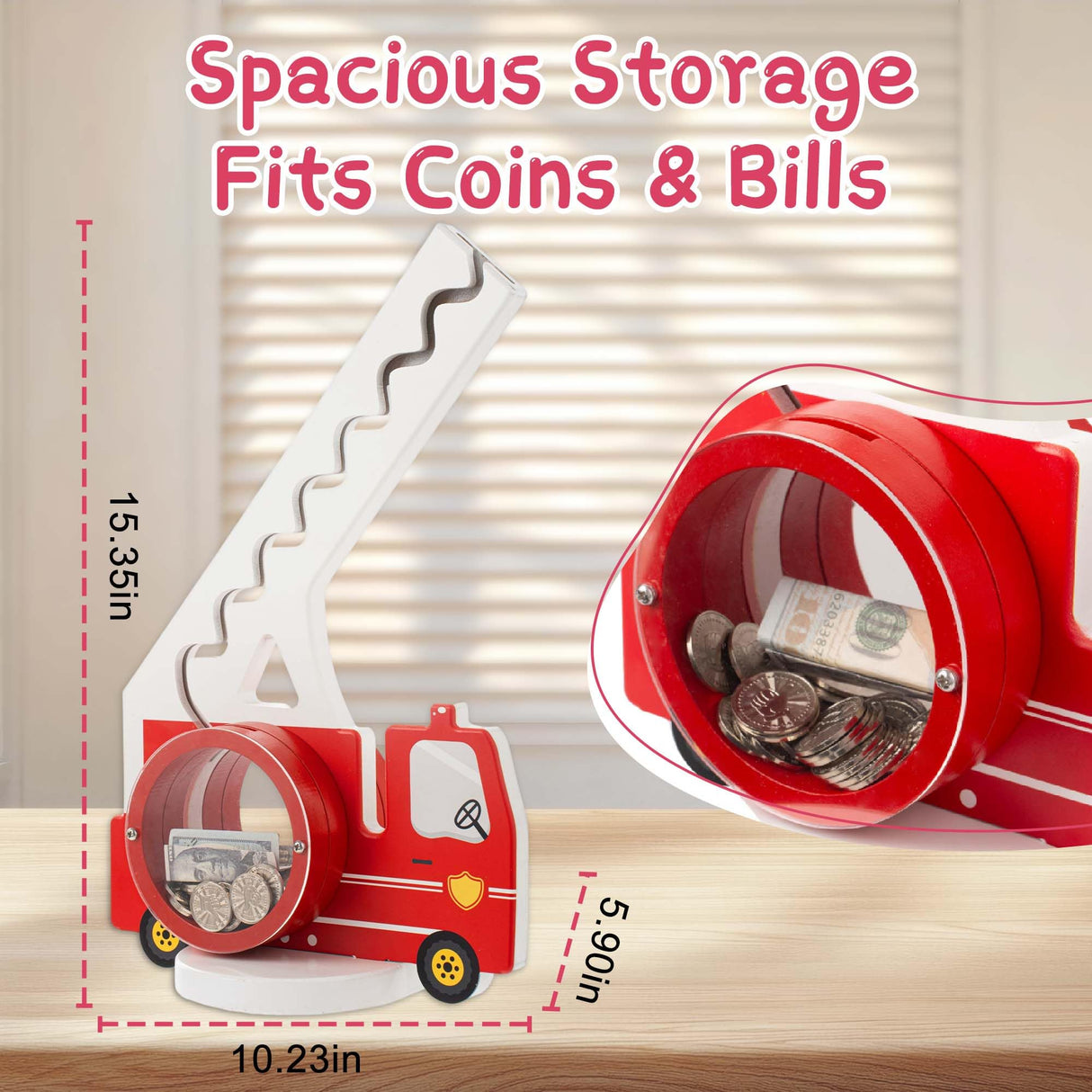 AORCMITN Wooden Fire Truck Piggy Bank for Boys Kids Girls Clear Big Belly Animal Coin Bank for Toddler Birthday Christmas Real Money Toy
