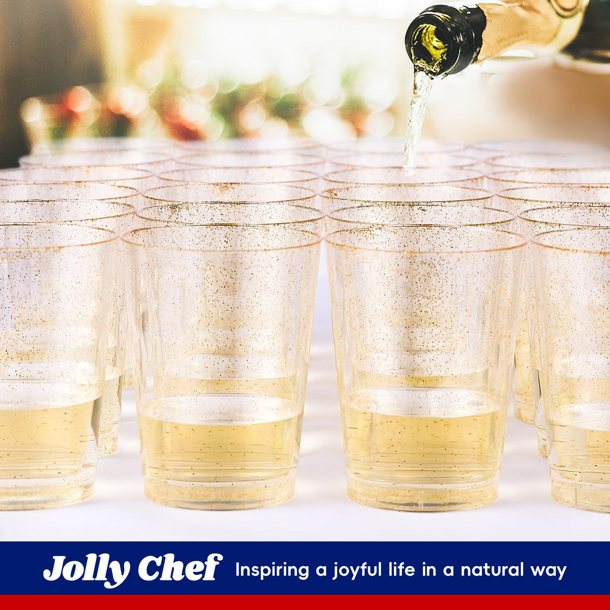 JOLLY CHEF 100 Pack 9 oz Gold Plastic Cups, Disposable Gold Glitter Plastic Cups Perfect for Wedding Thanksgiving, Christmas Party Cups