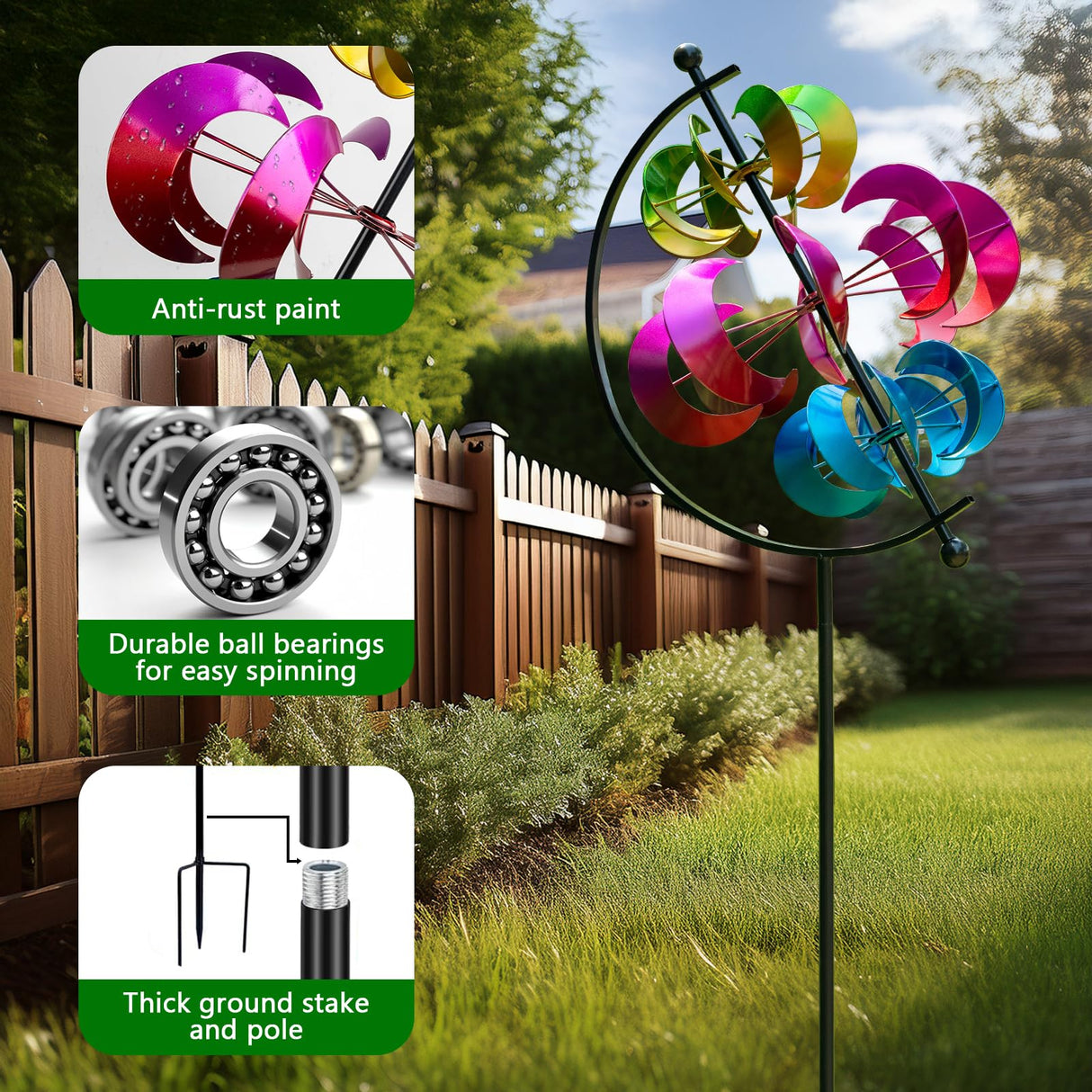 Large Metal Wind Spinner for Garden and Yard – 63 Inch Kinetic Outdoor Sculpture with Dual Direction 360° Spinning Blades – Weather Resistant Moons Yard Art Decor for Patio, Lawn, and Porch