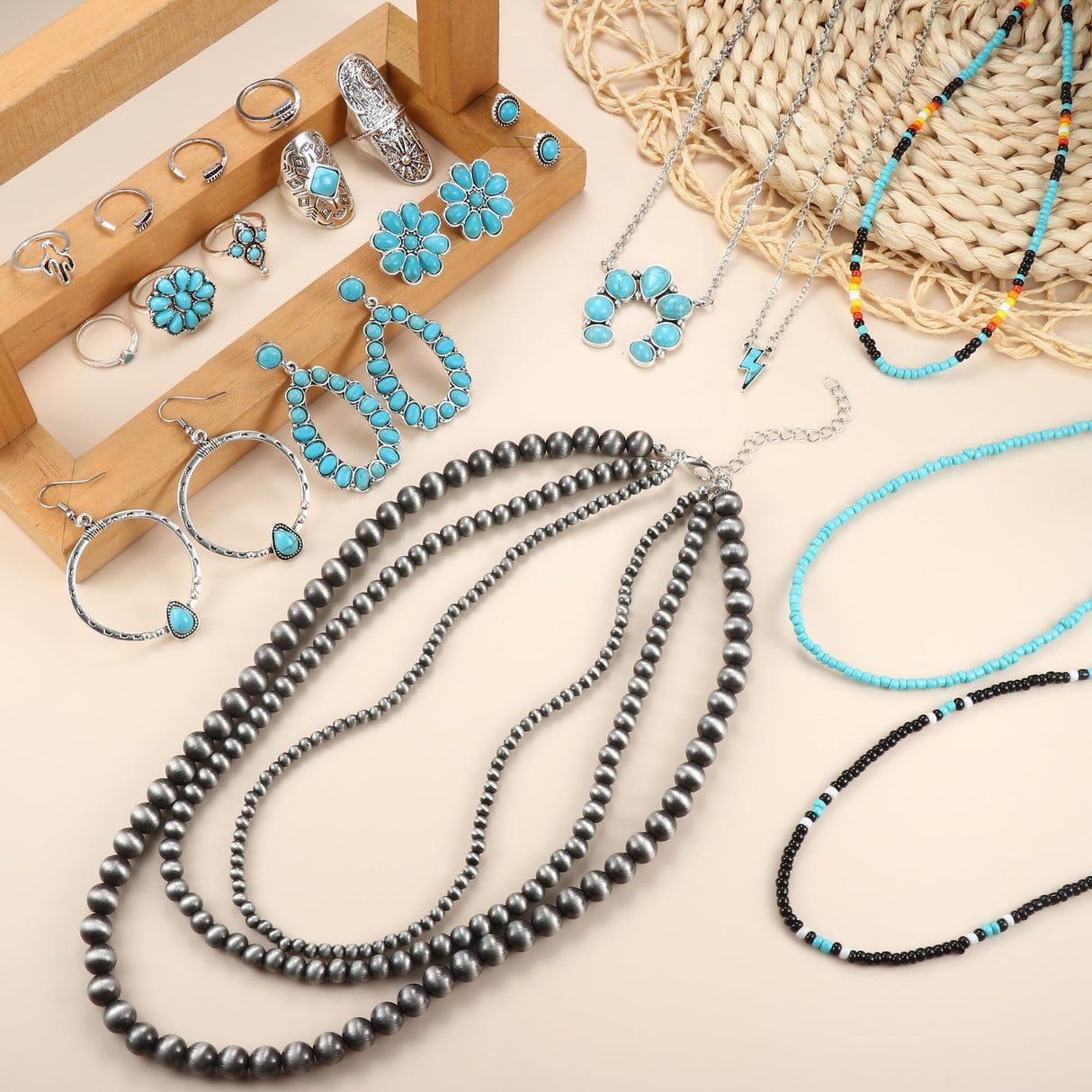 Fansilver Turquoise Jewelry for Women Bohemian Western Jewelry Set,20PCS