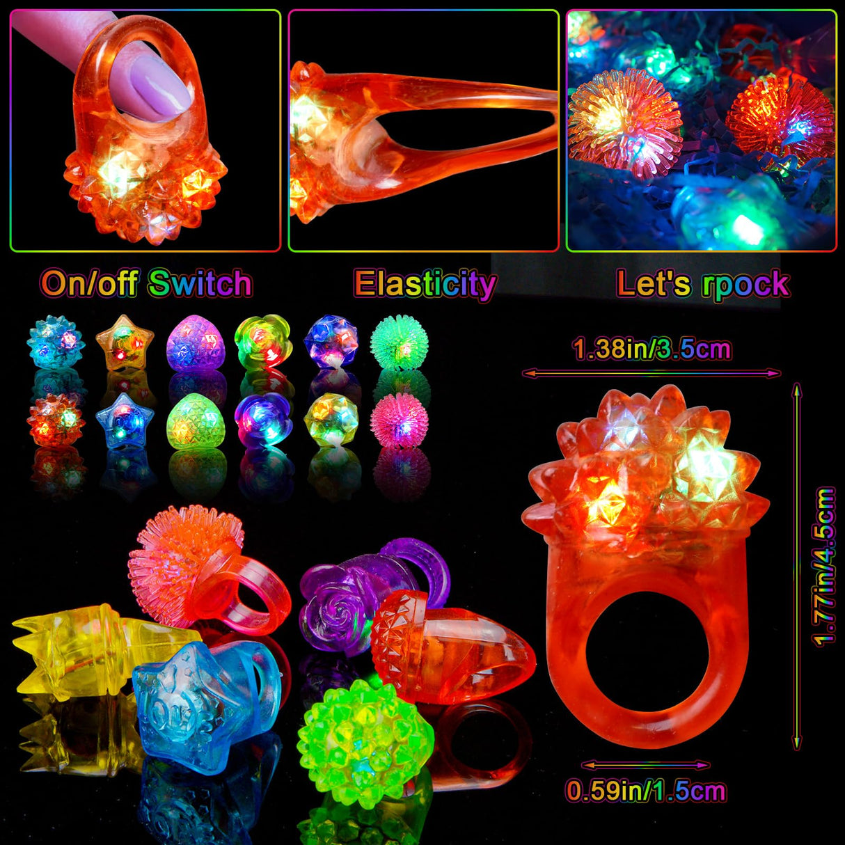 OLUPP 100 Pcs Light Up Rings, Glow In The Dark Party Supplies, 6 Style Flashing Glow In The Dark Rings for Adults & Kids, LED Ring for Birthday Party Favors, Concert, Raves, Halloween, Christmas