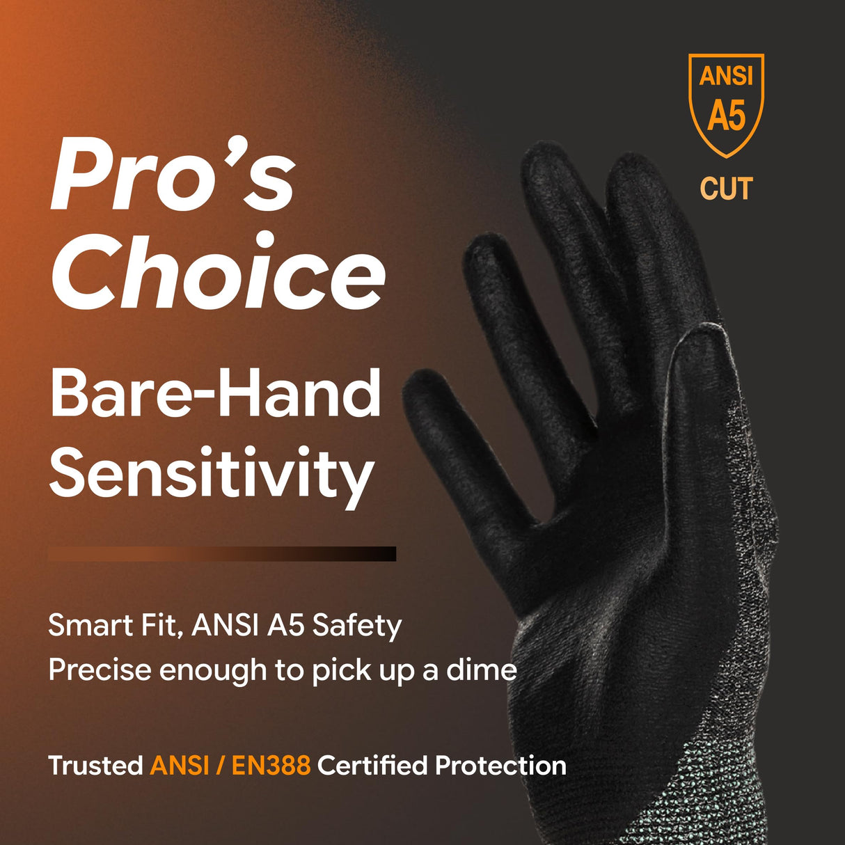 DEX FIT Level 5 Cut Resistant Gloves Cru553, 3D-Comfort Stretchy Fit, Power Grip, Professional Grade, Thin, Touch-Screen Compatible, Durable, Machine Washable; Black Grey XL (10) 12 Pairs