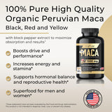 gflow vitamins Organic Maca Root Capsules 1500mg - Made with Black, Red, Yellow Peruvian Maca Root Extract & Black Pepper - 120 Vegan Pills - Supports Energy, Performance & Mood for Men & Women
