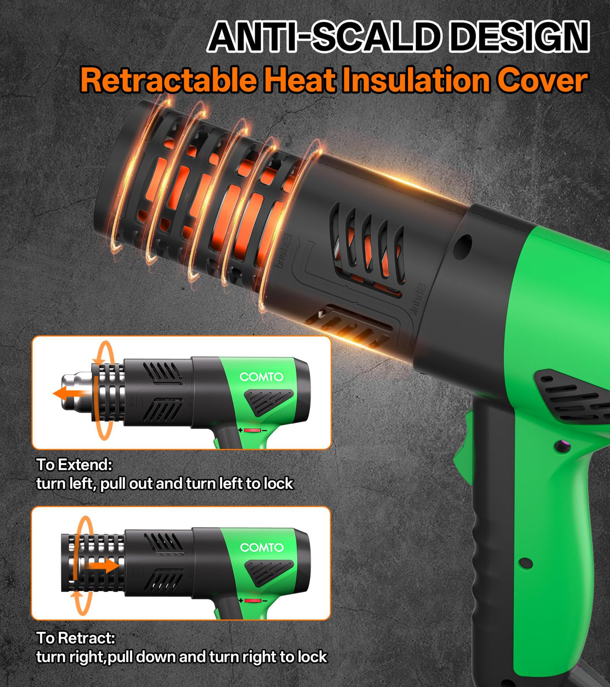 COMTO Heat Gun 1800W Fast Heating 122℉-1202℉ Heavy Duty Hot Air Gun Variable Temperature Control Overheat Protection 2 Speed Air Flow with 4 Nozzles for Crafts, Shrinking Tubing, Vinyl Wrap (SG-1004)