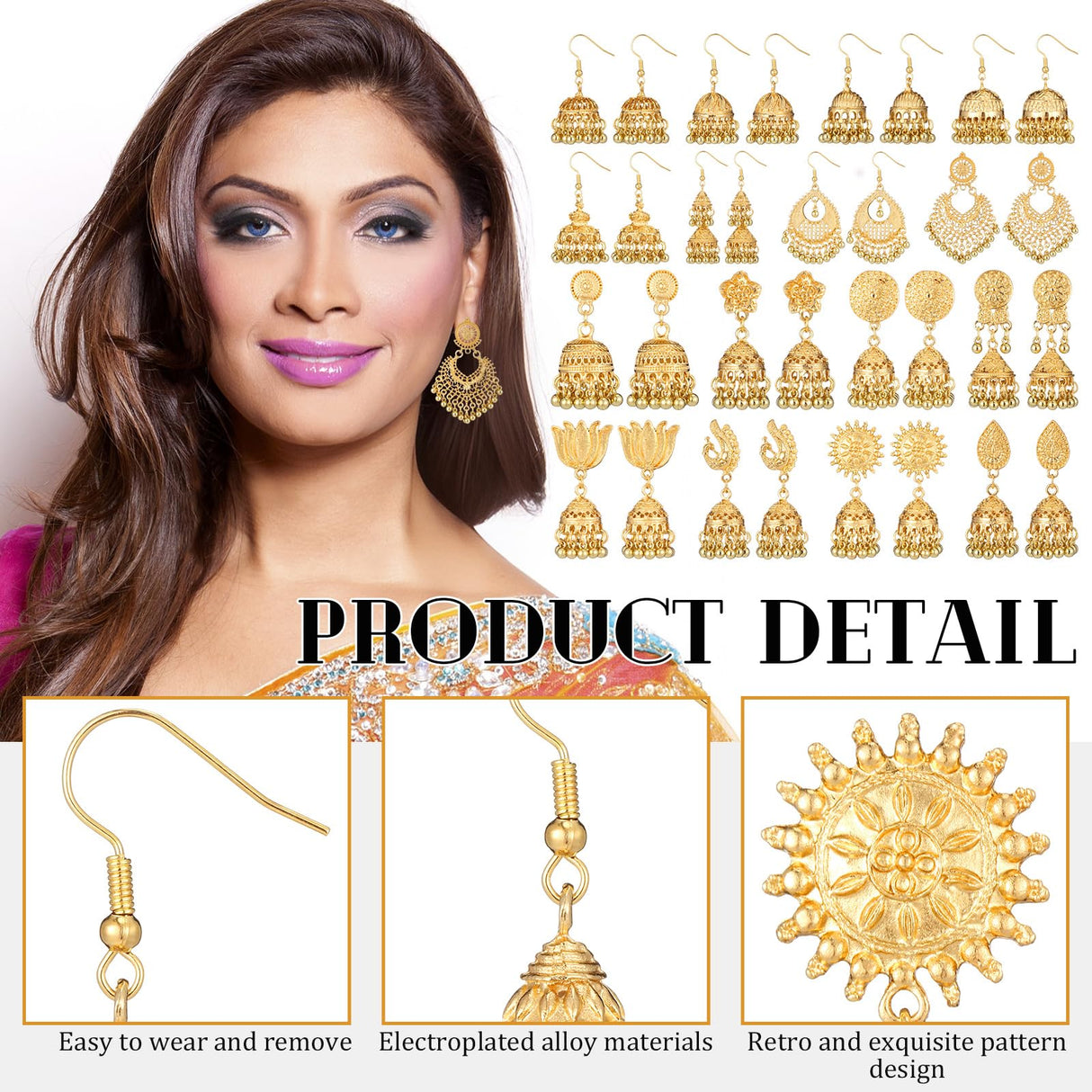 Nosiny 16 Pairs Jhumka Indian Earrings for Women Bell Dangle,Gold