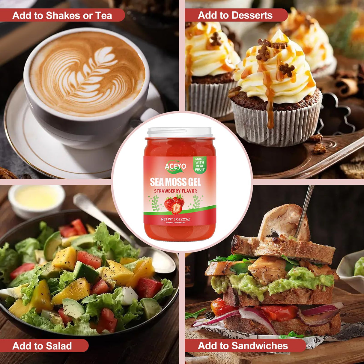 (8 OZ) Natural Sea Moss Gel Raw Strawberry Flavor Irish Seamoss Gel Vegan Women Men 102 Vitamins and Minerals Wild Harvested Non-GMO Immune Defense Booster Lung Thyroid Digestive Support