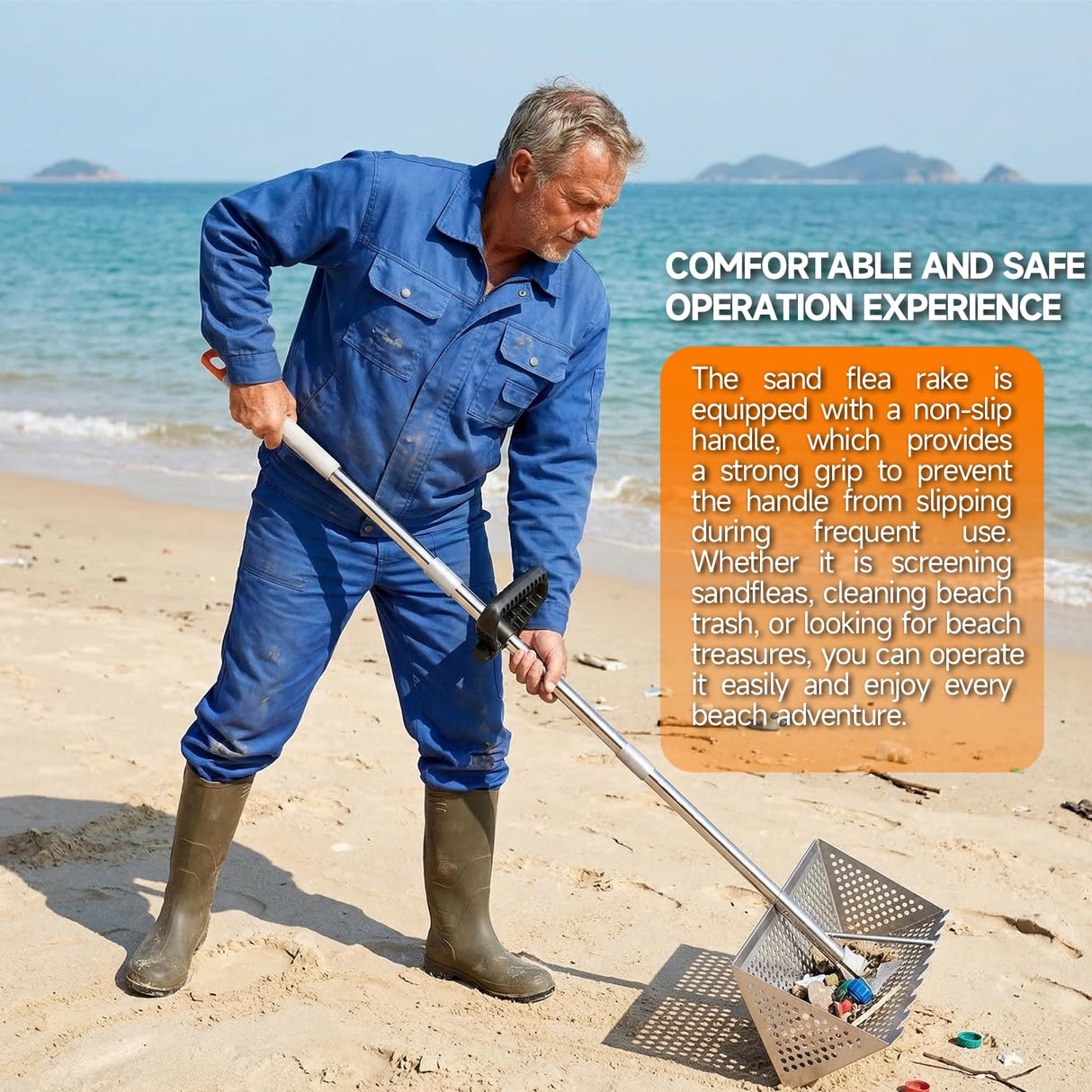 Sand Flea Rake with Beach Mesh Shovel, Detachable Long Handle Sand Sifter for Beach, The Shark Tooth Screen Comes with 16in Width Drain Screen with 52in Handle