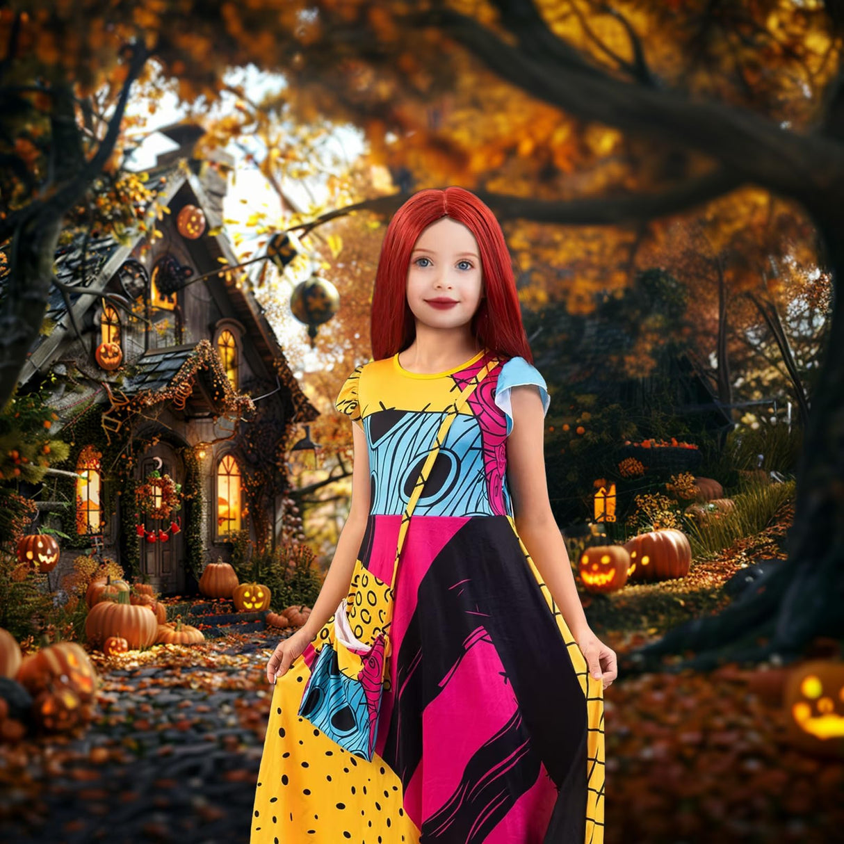 DVDGSC Halloween Sally Costume for Girls: Sally Dress Red Wig Bag - Cosplay Dress Up for Kids - Halloween Christmas Party Outfit (M)