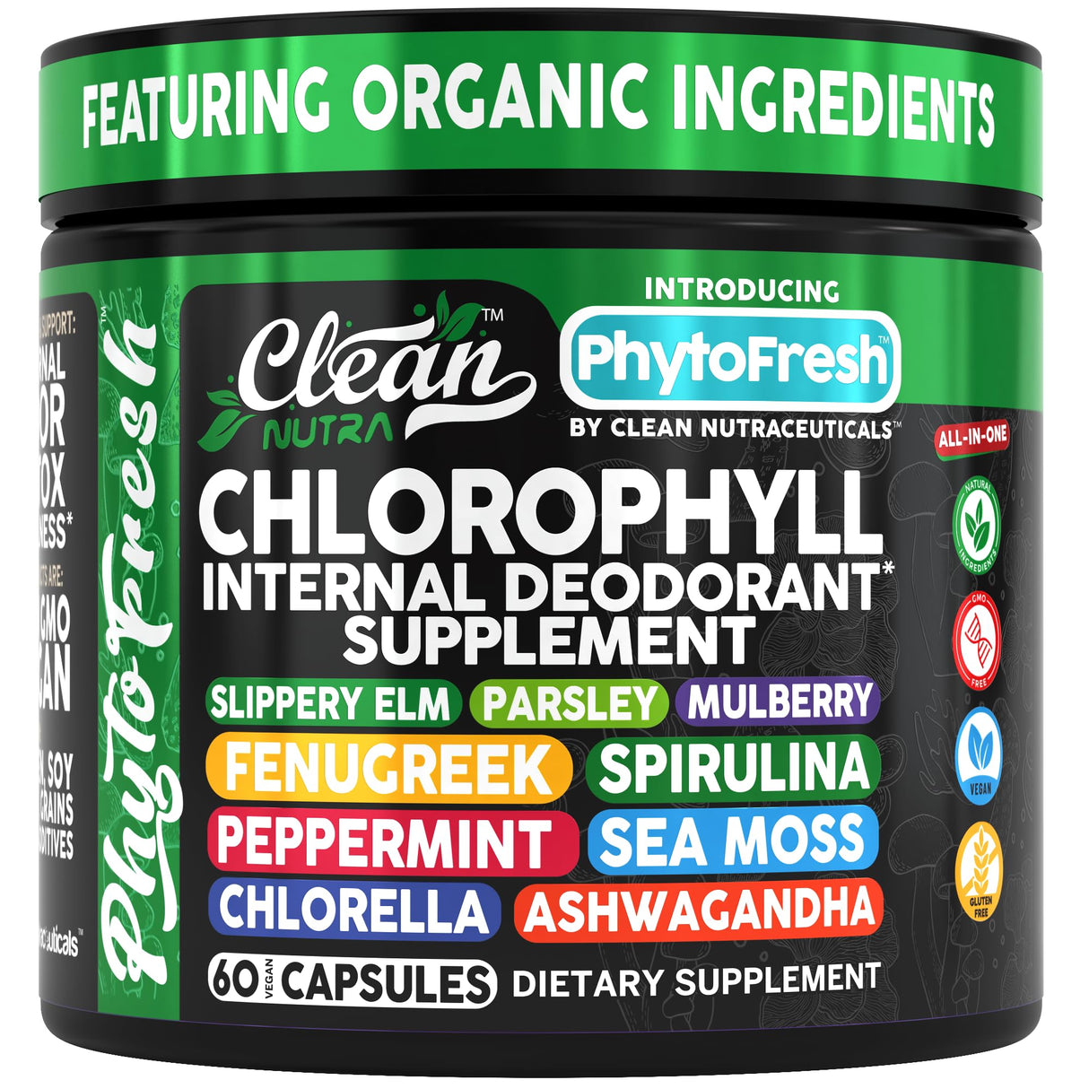 Clean Nutra Chlorophyll Capsules Supplement Internal Deodorant Peppermint, Sea Moss, Parsley, Chlorella, Spirulina, Slippery Elm, Ashwagandha, PhytoFresh Greens Detox Pills