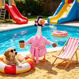 yuboo 23 Inch Pink Lady Porch Goose Outfits, Bathrobe Porch Goose Statue Costume with Cute Curlers and Coffee Cup, Funny Summer Lawn Yard Garden Patio Decor, Cute Goose Clothes Cement