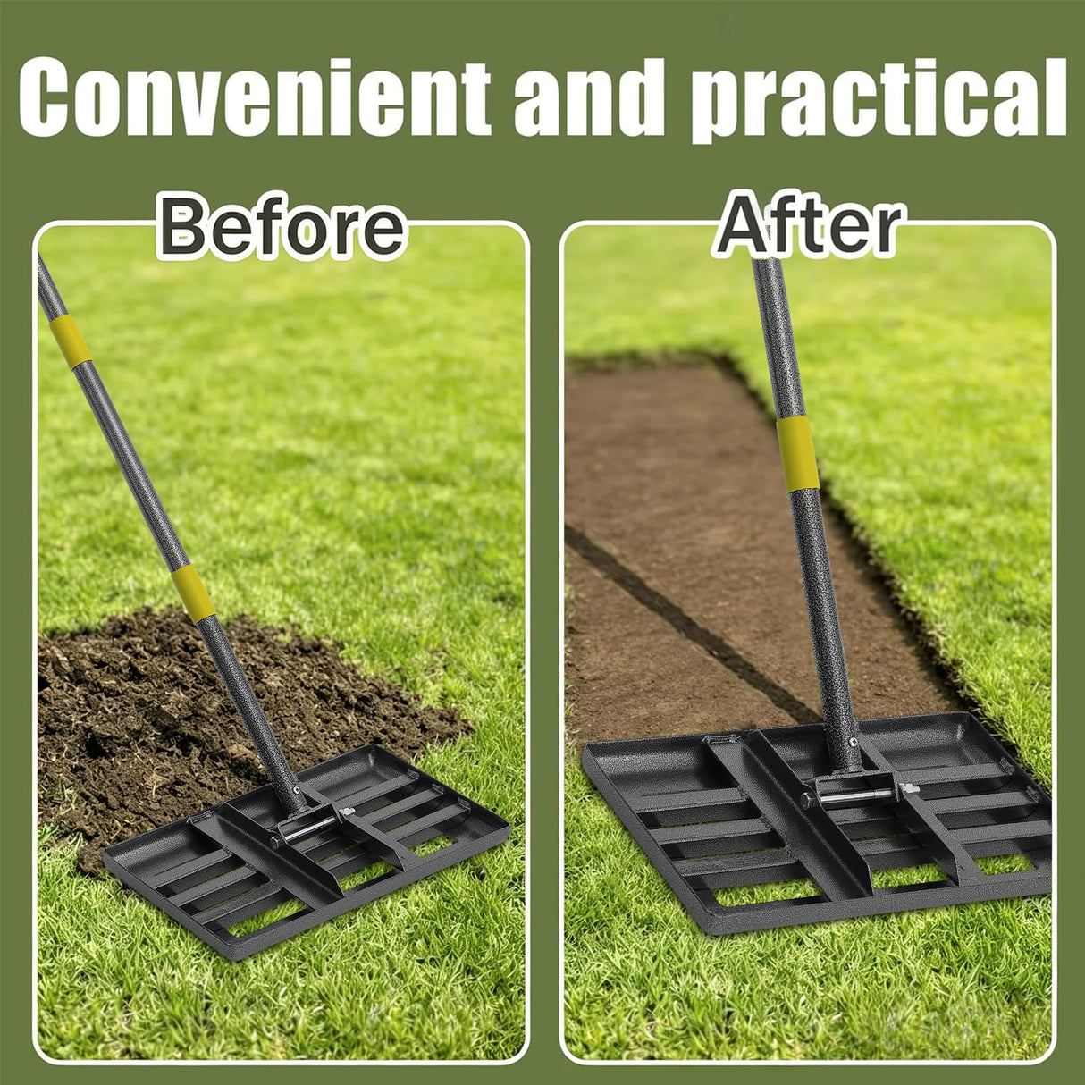 Lawn Leveling Rake – 17”x10” Heavy Duty Stainless Steel Lawn Leveler with 28”-60” Adjustable Handle, Anti-Flip Smooth Edge for Top Dressing Soil, Yard, Garden Lawn Care Tool