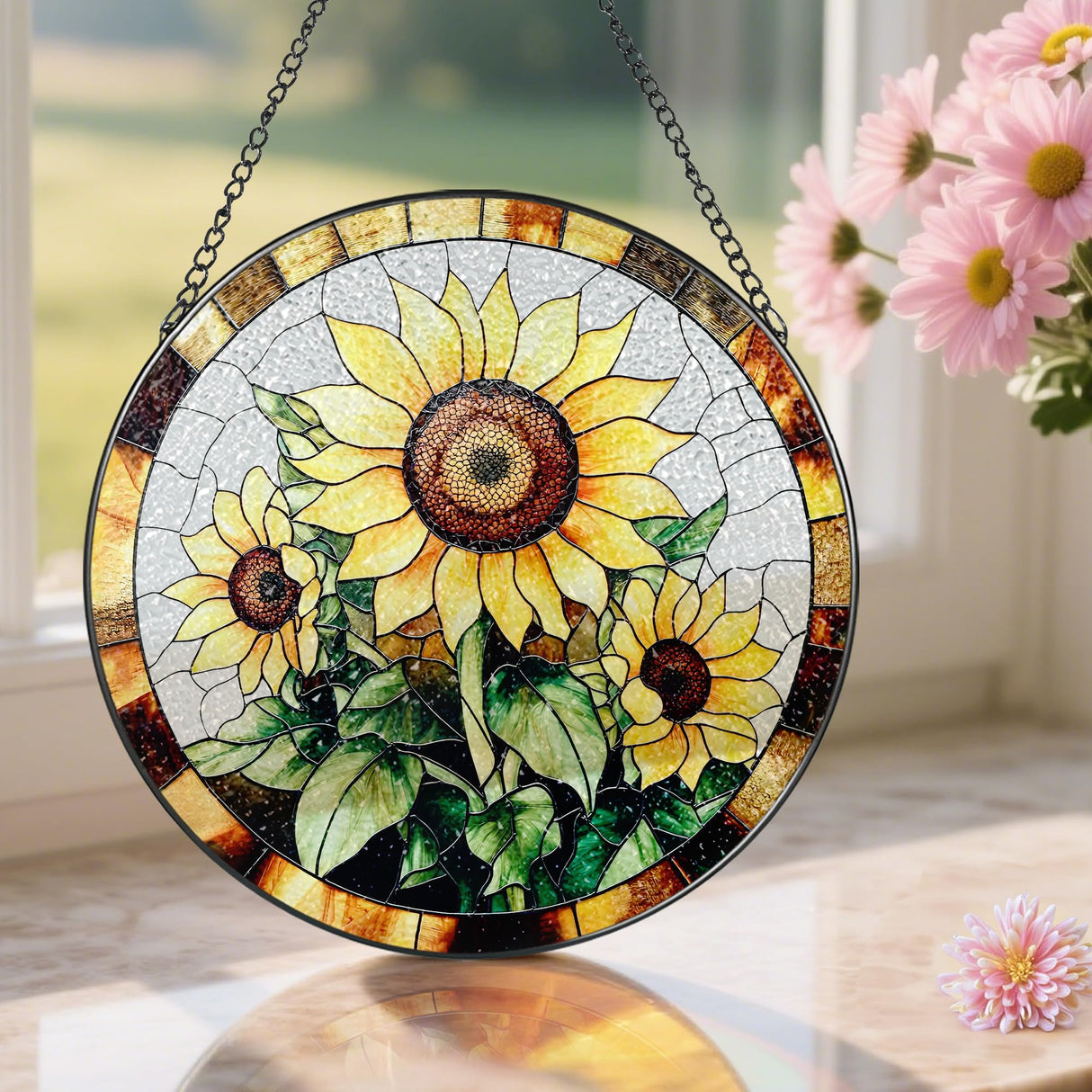 Sunflower Stained Glass Suncatcher, Stained Glass Window Hanging, 8 Inch Sunflower Suncatcher, Sunflower Glass Window Decor, Christmas, Mother's Day, Birthday, Gifts for Mom, Grandma Gift