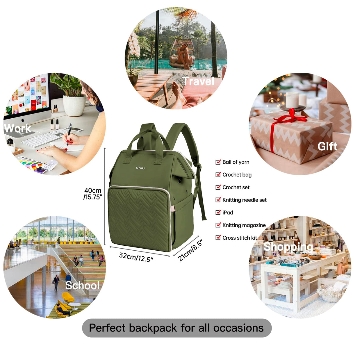 Leudes Knitting Bag Backpack,Yarn Storage Organizer Large Crochet Bag Tote Christmas Gift Yarn Holder Case for Carrying Projects,Knitting Needles (Army Green)