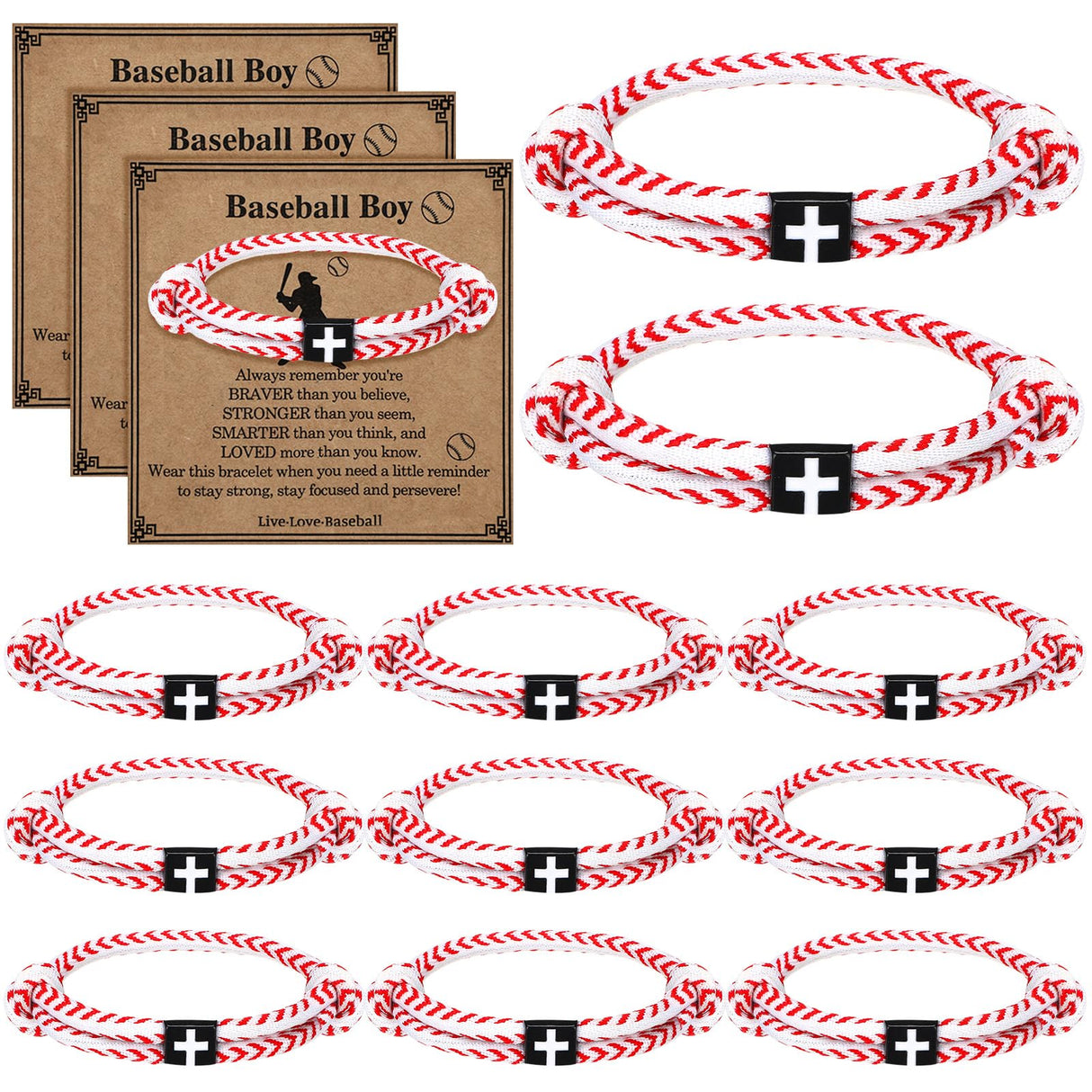 Tondiamo 12 Set Football Basketball Softball Baseball Volleyball Team Gifts Braided Christian Cross Bracelet for Men Women(Baseball)